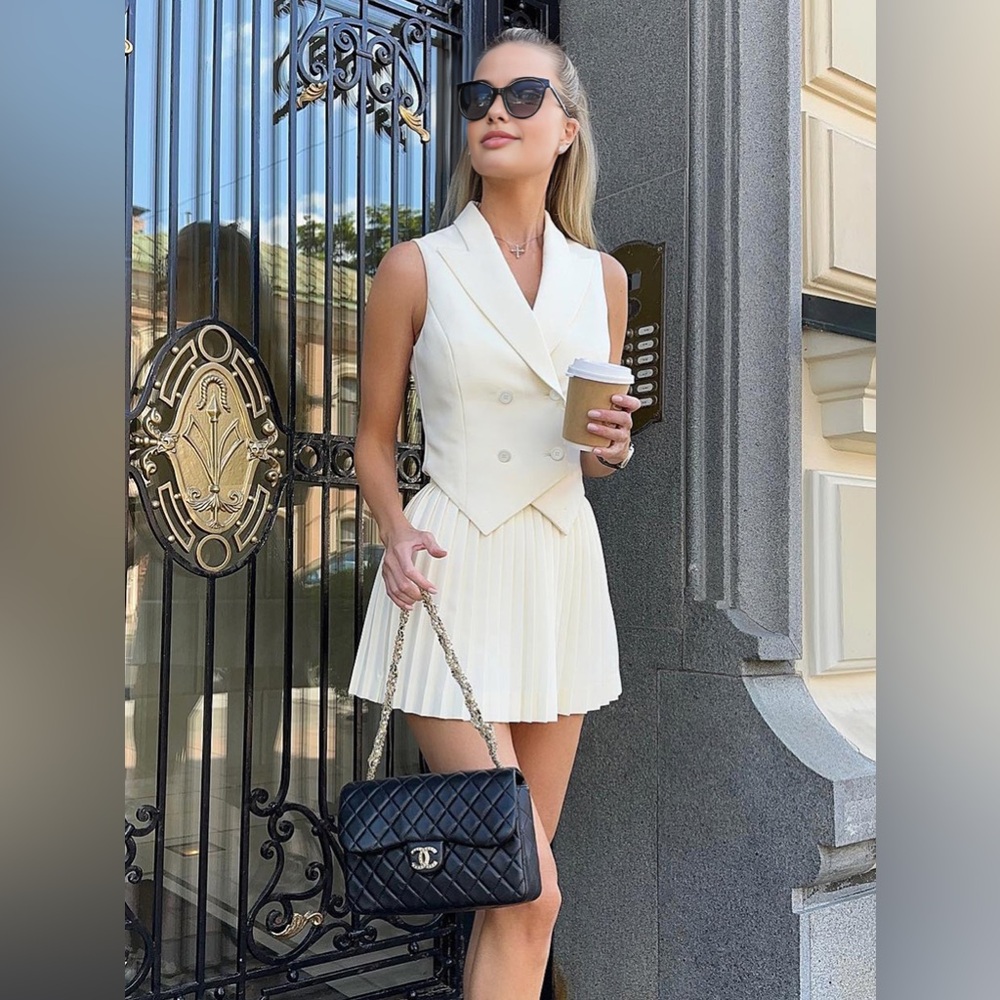 Commense Suit Waistcoat With Pleated Mini Skirt Set